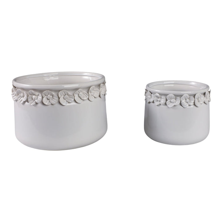 S/2 7/10" FLORAL APPLIQUE PLANTER, WHITE
