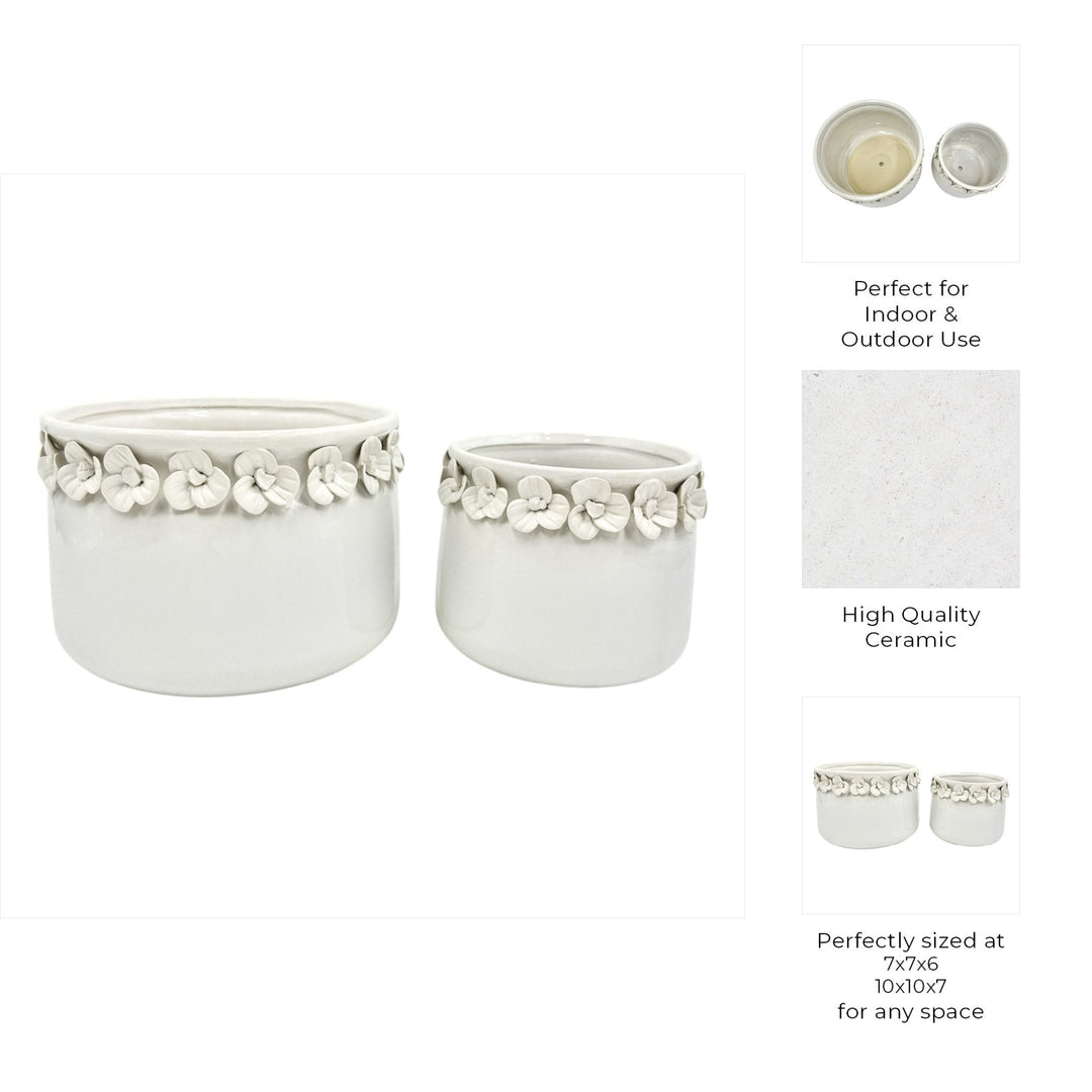 S/2 7/10" FLORAL APPLIQUE PLANTER, WHITE
