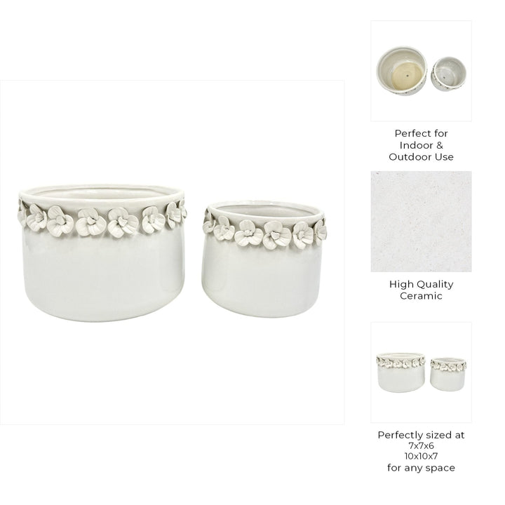 S/2 7/10" FLORAL APPLIQUE PLANTER, WHITE