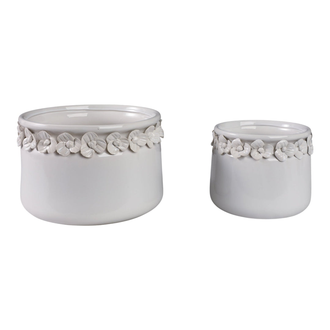S/2 7/10" FLORAL APPLIQUE PLANTER, WHITE