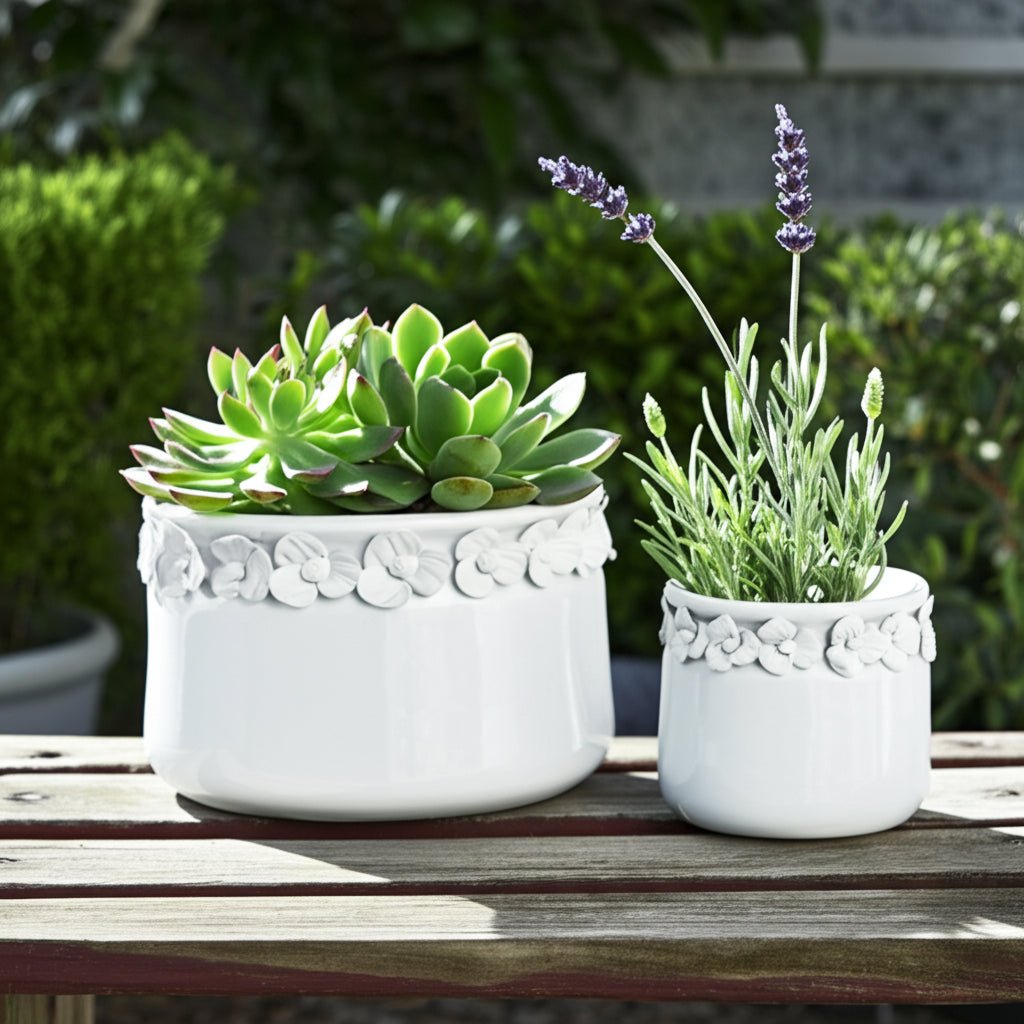 S/2 7/10" FLORAL APPLIQUE PLANTER, WHITE