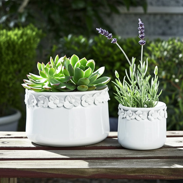 S/2 7/10" FLORAL APPLIQUE PLANTER, WHITE