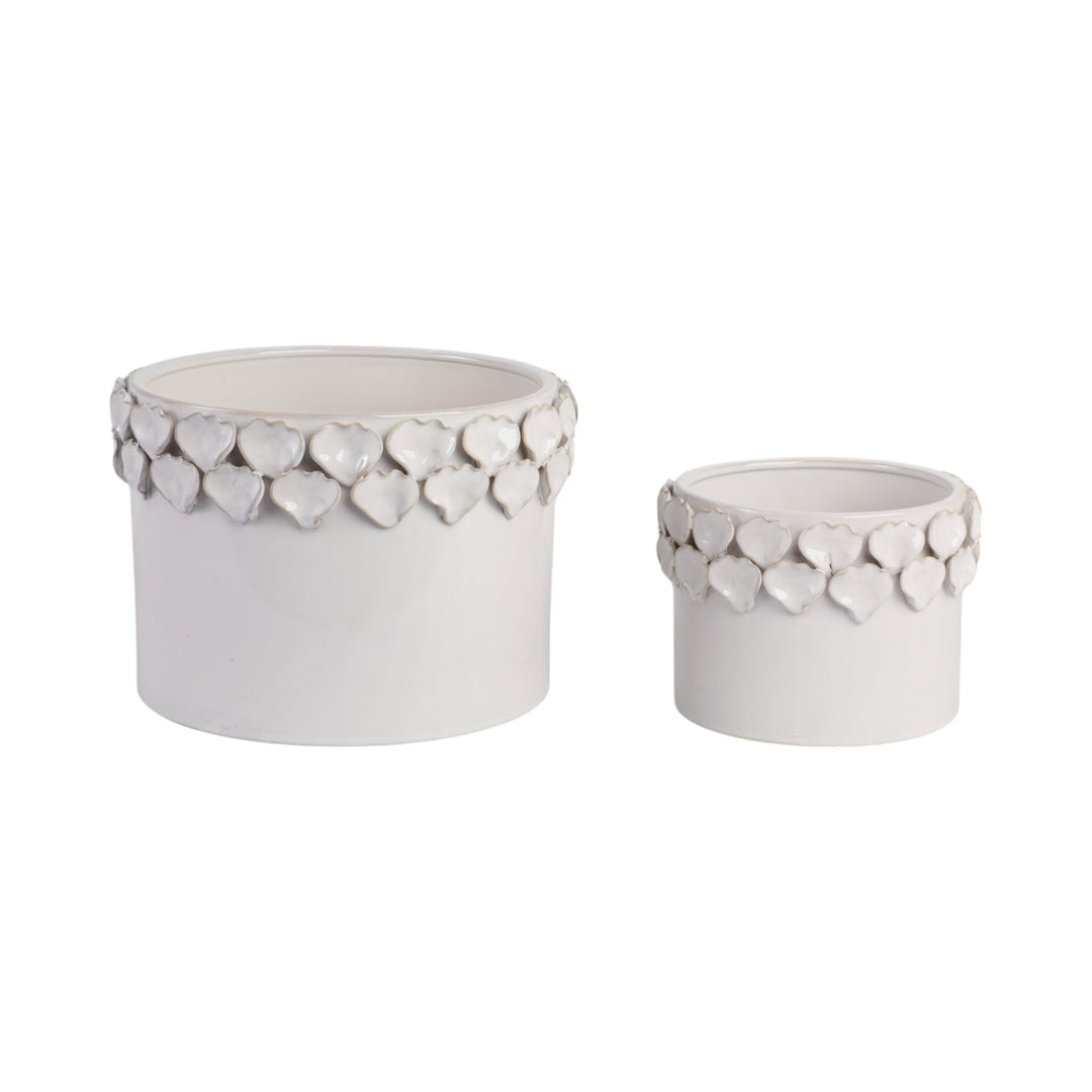 S/2 7/11" FLOWER PETAL APPLIQUE PLANTERS, WHITE