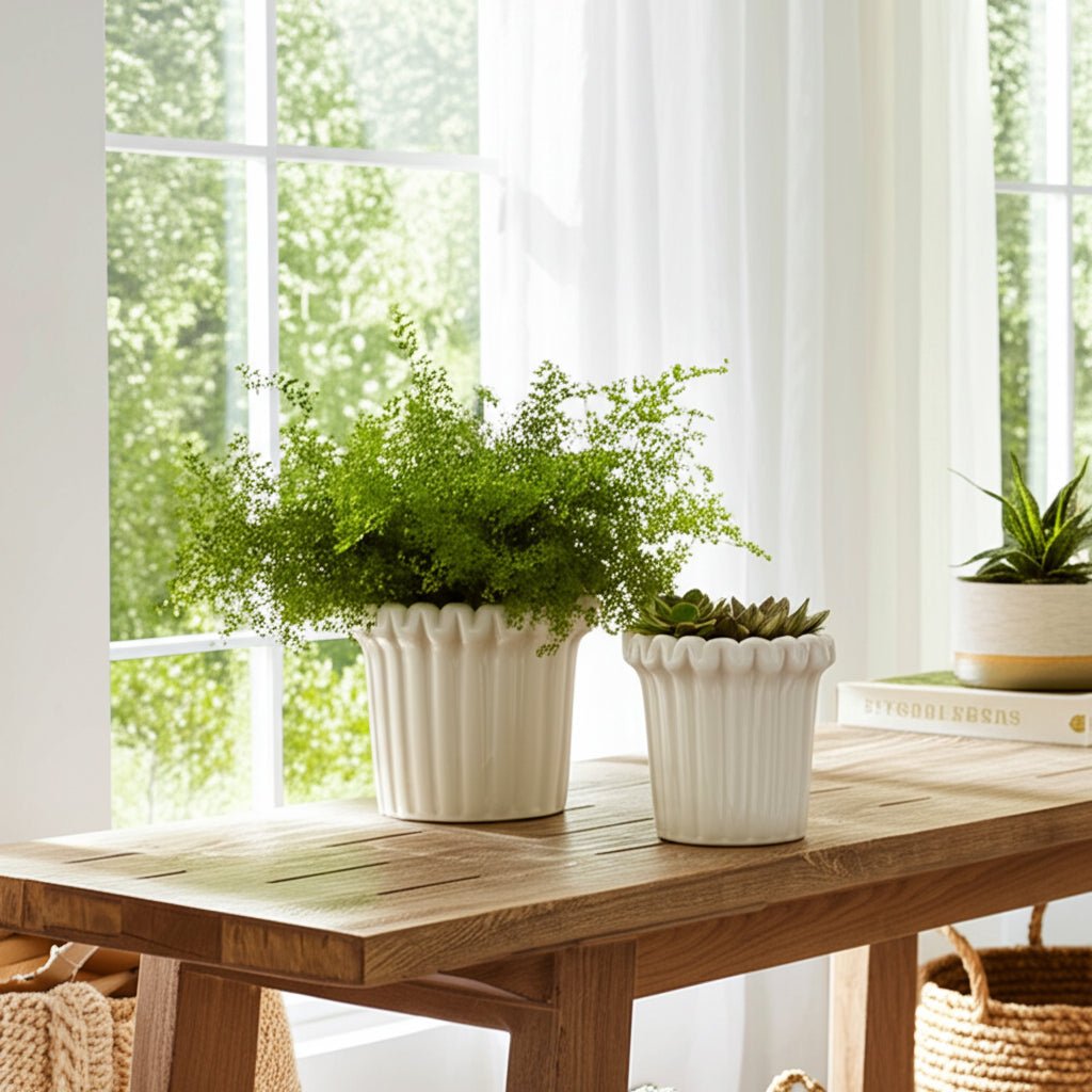 S/2 7/9" FLUTED PLANTERS, IVORY