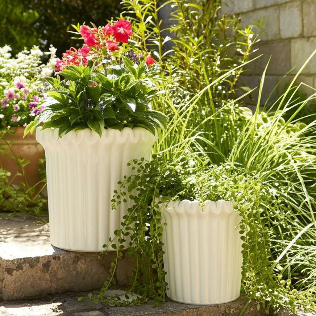 S/2 7/9" FLUTED PLANTERS, IVORY