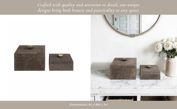 S/2 7/9" SOWETO SUEDE BOXES W/STONE KNOB, GRAY