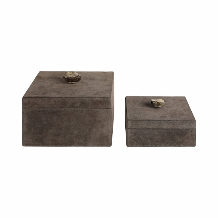 S/2 7/9" SOWETO SUEDE BOXES W/STONE KNOB, GRAY