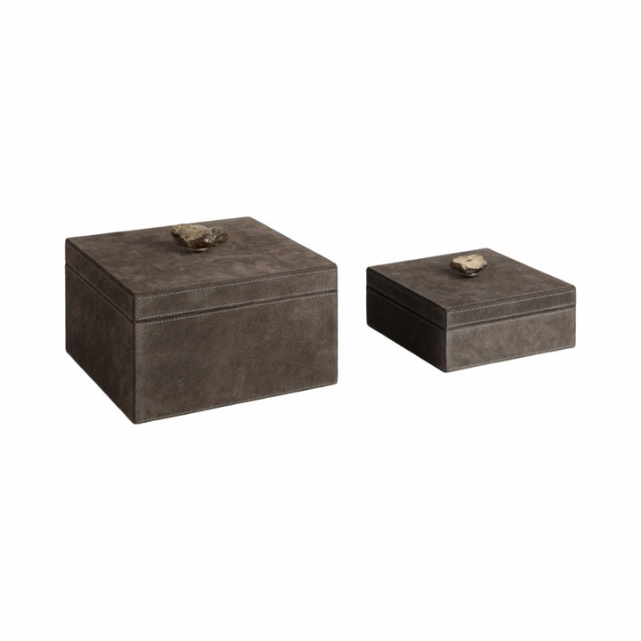 S/2 7/9" SOWETO SUEDE BOXES W/STONE KNOB, GRAY