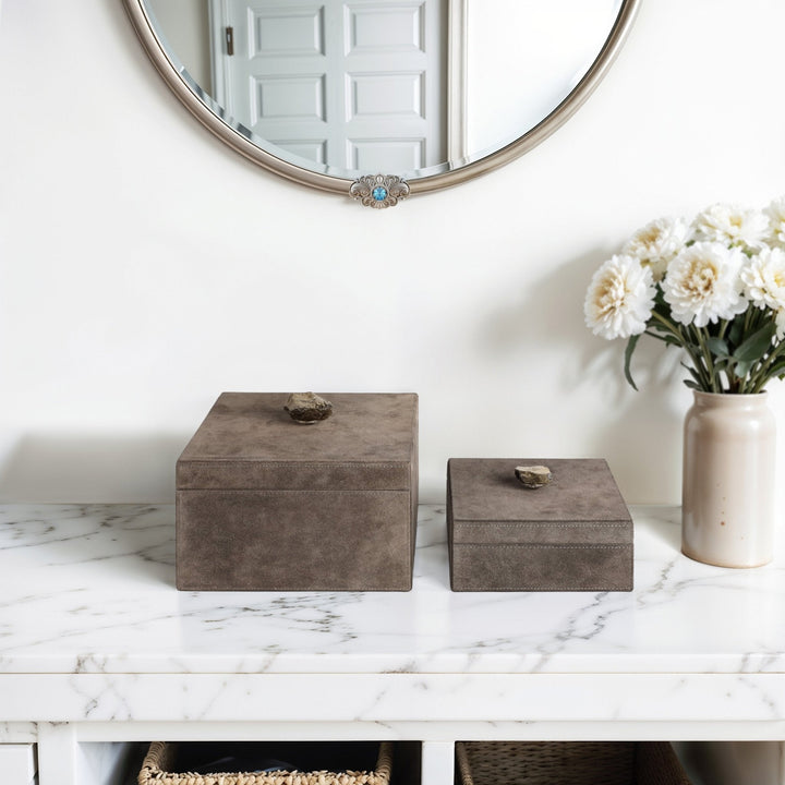 S/2 7/9" SOWETO SUEDE BOXES W/STONE KNOB, GRAY