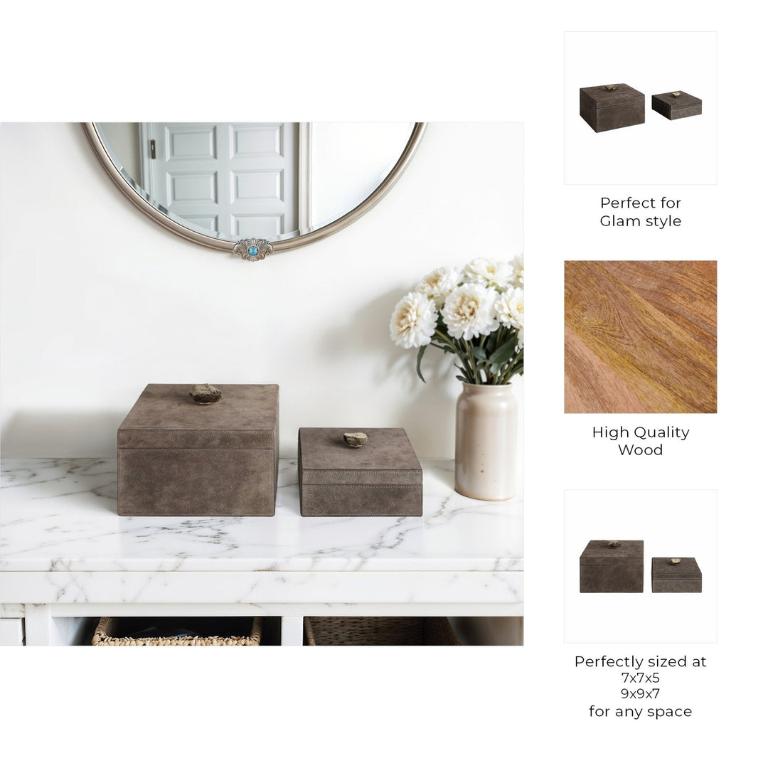 S/2 7/9" SOWETO SUEDE BOXES W/STONE KNOB, GRAY