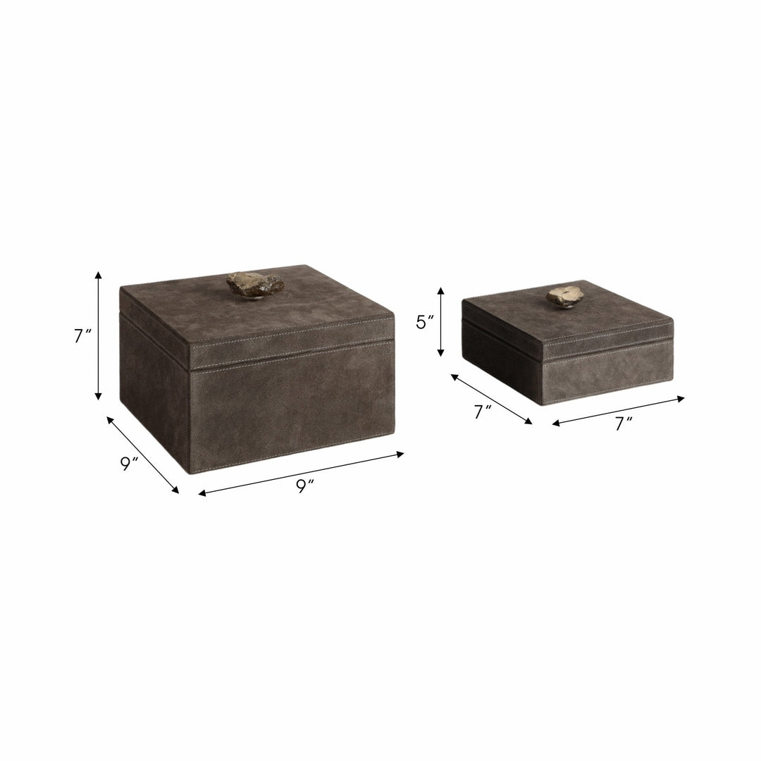 S/2 7/9" SOWETO SUEDE BOXES W/STONE KNOB, GRAY