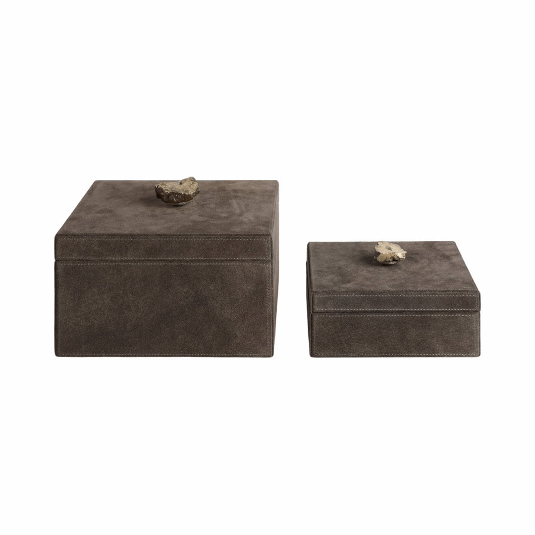 S/2 7/9" SOWETO SUEDE BOXES W/STONE KNOB, GRAY