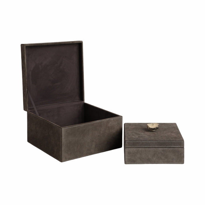 S/2 7/9" SOWETO SUEDE BOXES W/STONE KNOB, GRAY