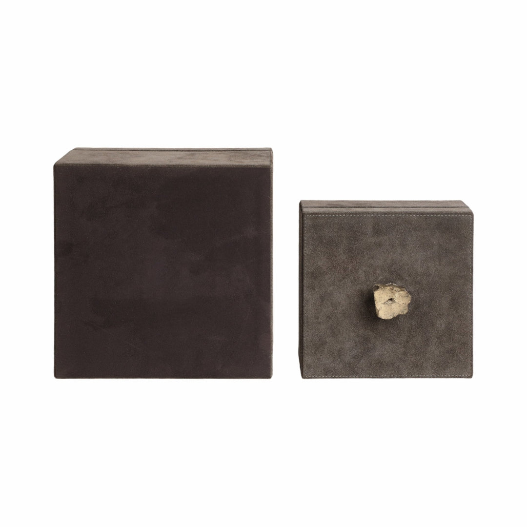 S/2 7/9" SOWETO SUEDE BOXES W/STONE KNOB, GRAY