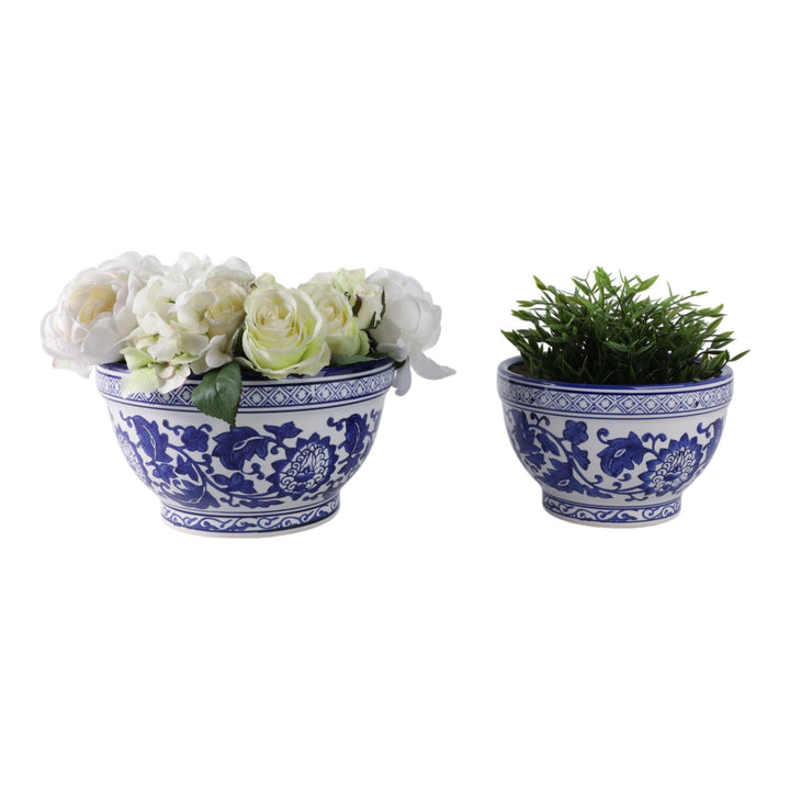 S/2 9/11" Bowl Chinoiserie Planters, Blue/wht
