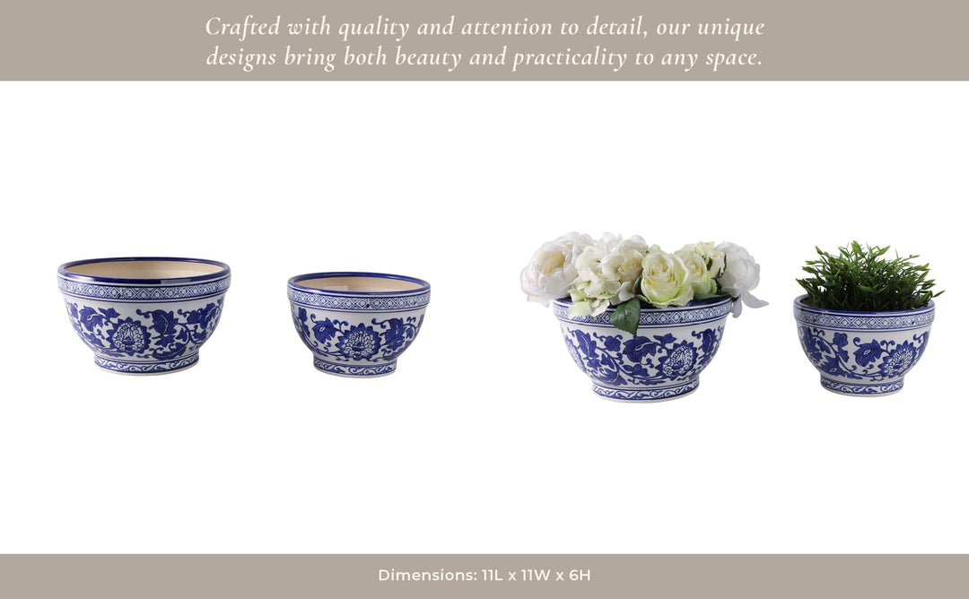 S/2 9/11" Bowl Chinoiserie Planters, Blue/wht
