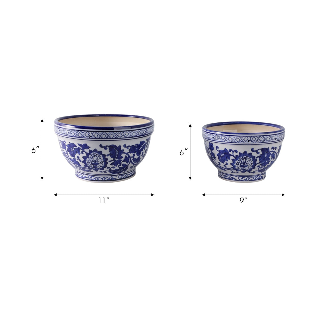 S/2 9/11" Bowl Chinoiserie Planters, Blue/wht