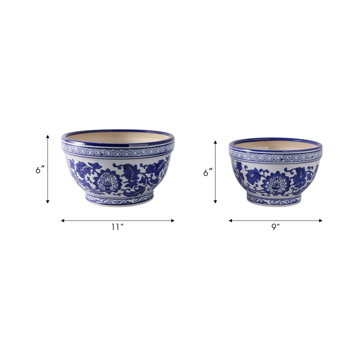 S/2 9/11" Bowl Chinoiserie Planters, Blue/wht