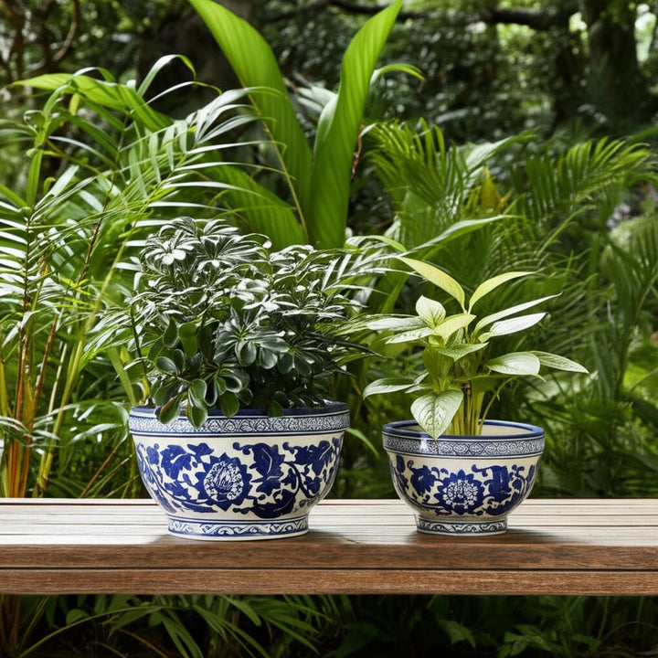 S/2 9/11" Bowl Chinoiserie Planters, Blue/wht