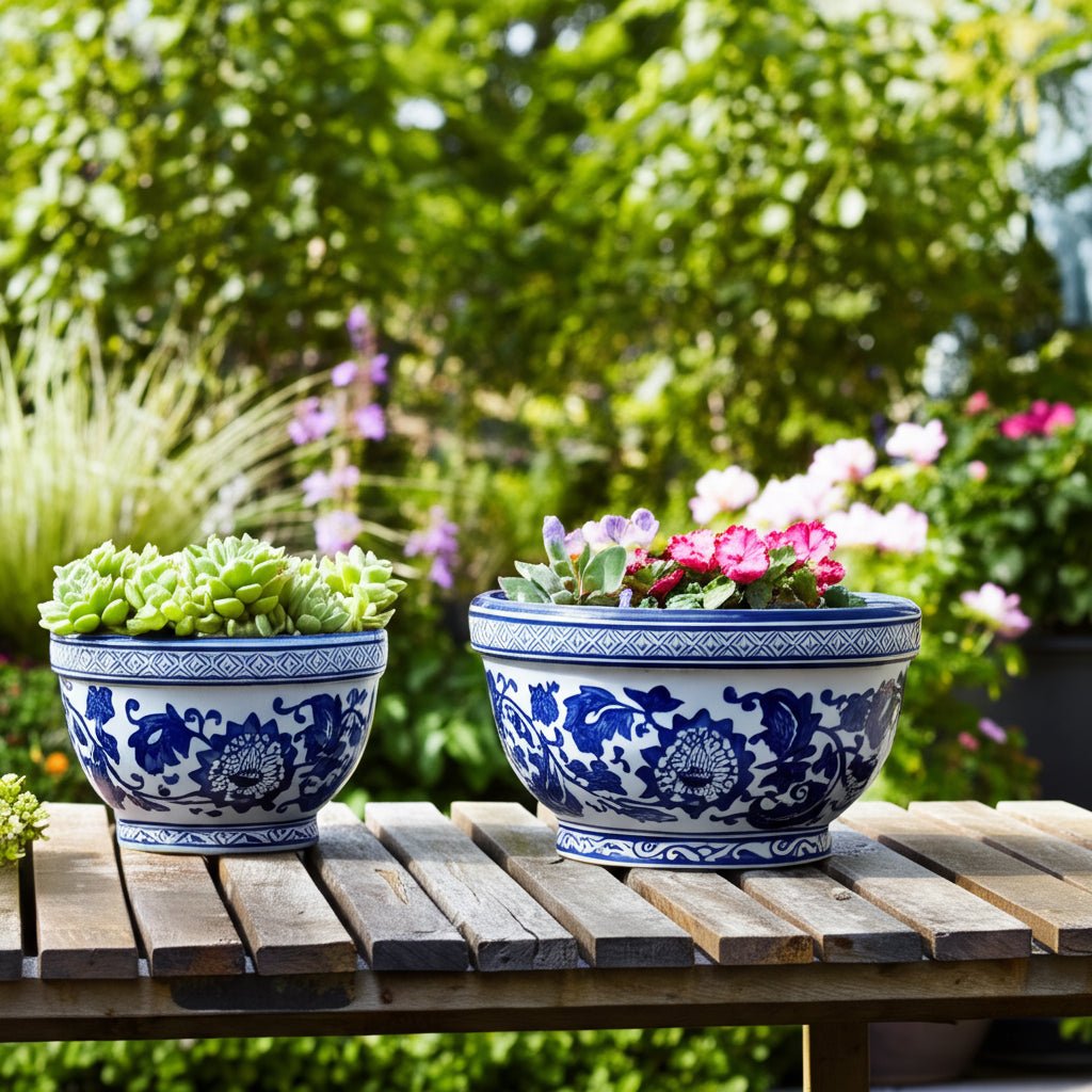 S/2 9/11" Bowl Chinoiserie Planters, Blue/wht