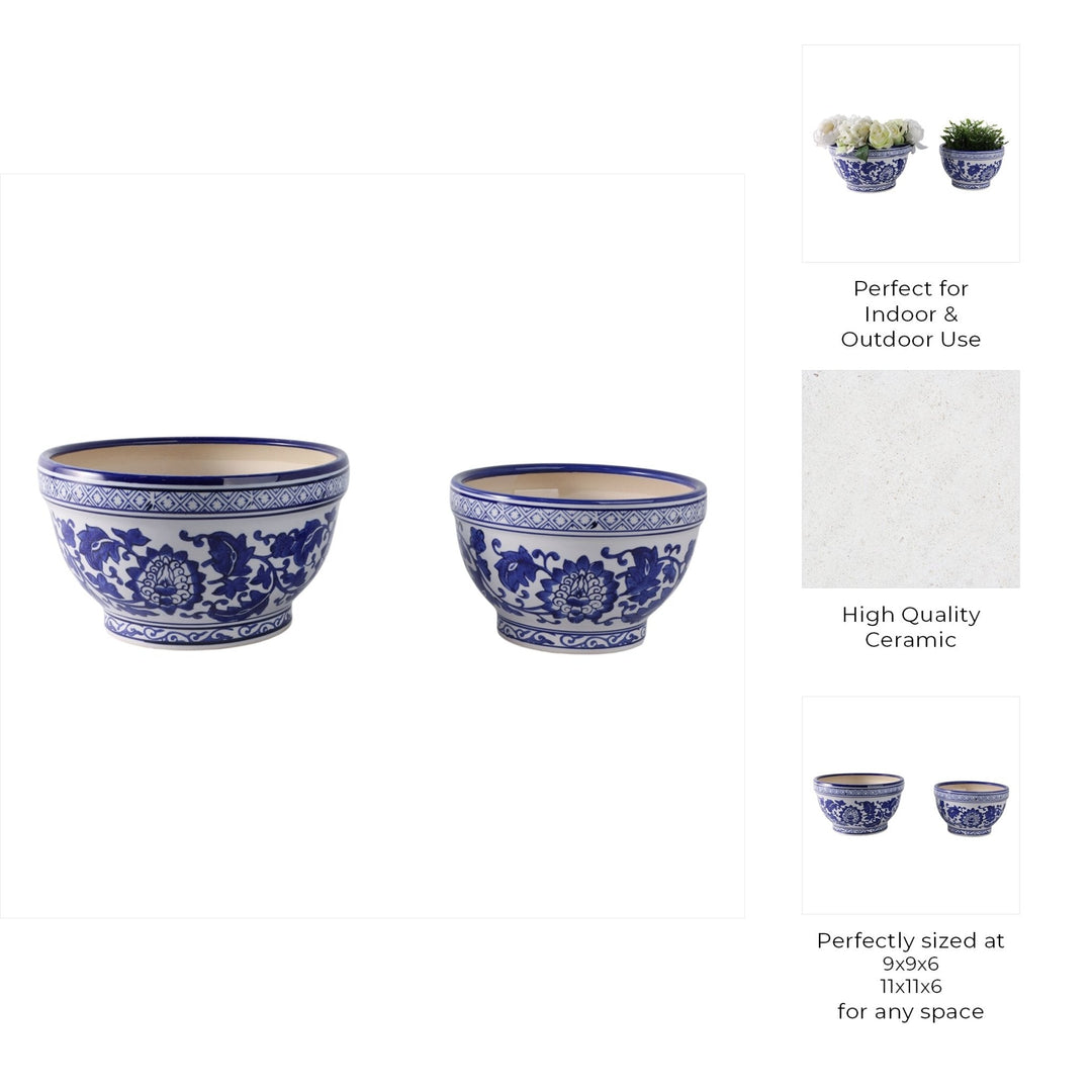 S/2 9/11" Bowl Chinoiserie Planters, Blue/wht