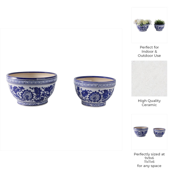 S/2 9/11" Bowl Chinoiserie Planters, Blue/wht