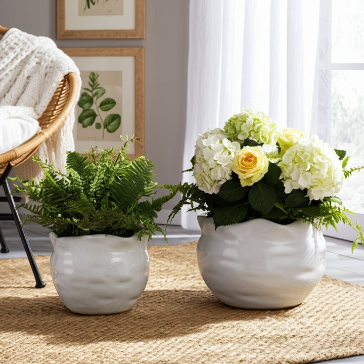 S/2 9/12" ROUND WAVY EDGE PLANTERS, WHITE