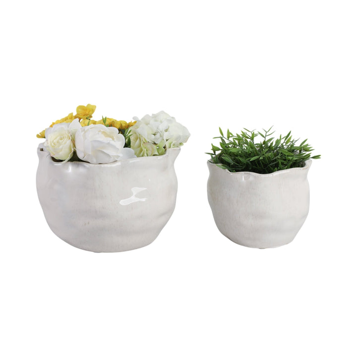 S/2 9/12" ROUND WAVY EDGE PLANTERS, WHITE