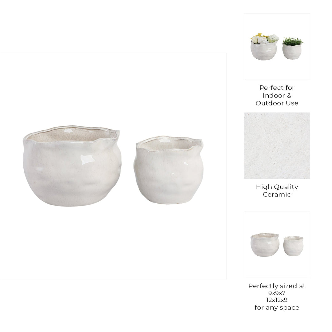 S/2 9/12" ROUND WAVY EDGE PLANTERS, WHITE