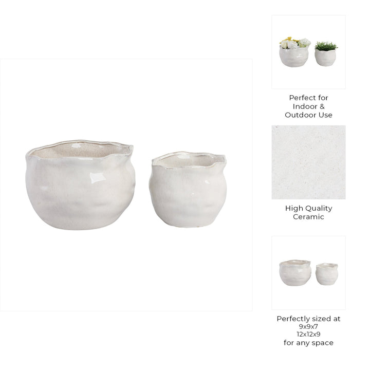 S/2 9/12" ROUND WAVY EDGE PLANTERS, WHITE