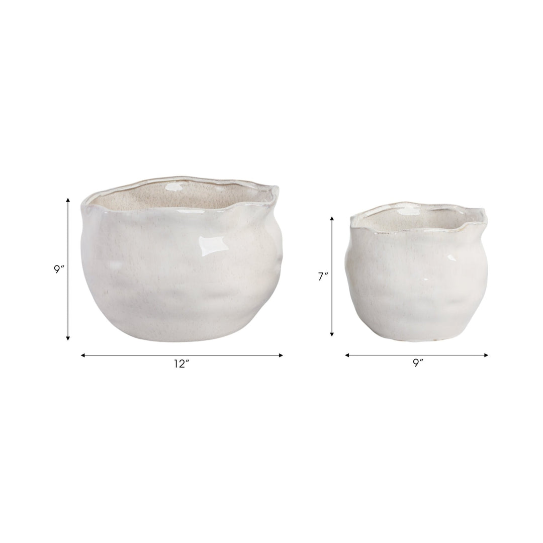 S/2 9/12" ROUND WAVY EDGE PLANTERS, WHITE