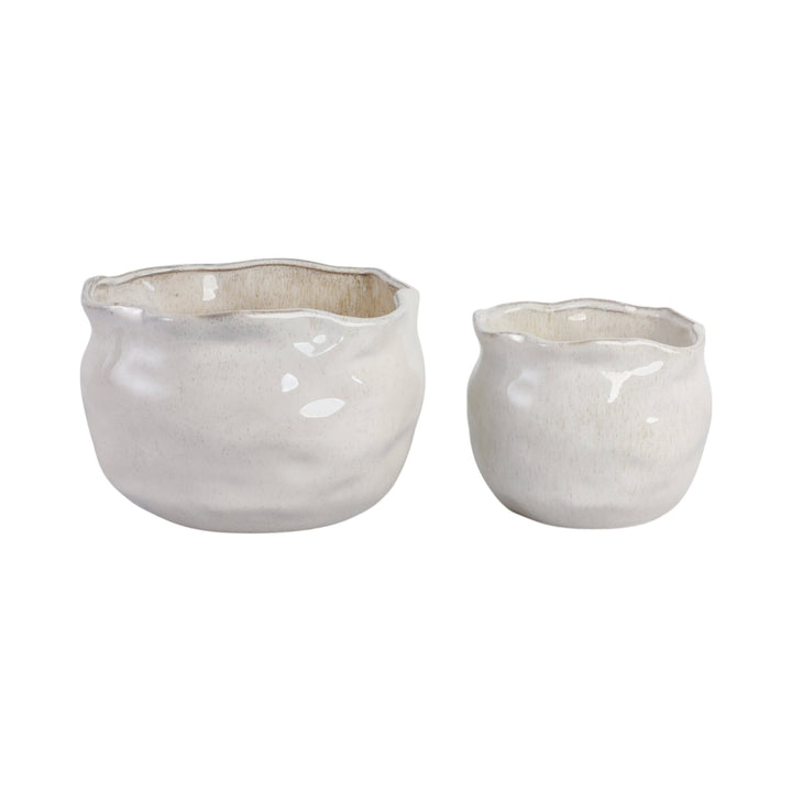 S/2 9/12" ROUND WAVY EDGE PLANTERS, WHITE