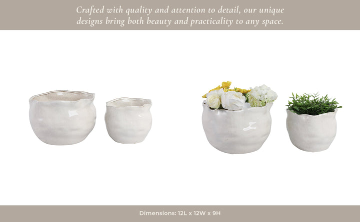 S/2 9/12" ROUND WAVY EDGE PLANTERS, WHITE