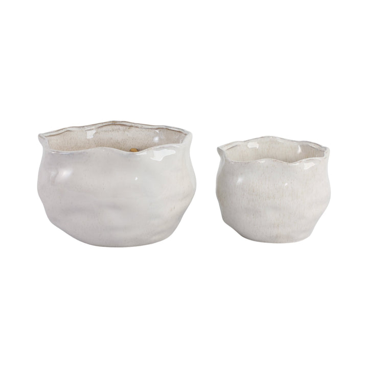 S/2 9/12" ROUND WAVY EDGE PLANTERS, WHITE