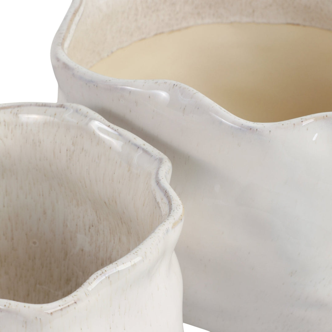 S/2 9/12" ROUND WAVY EDGE PLANTERS, WHITE