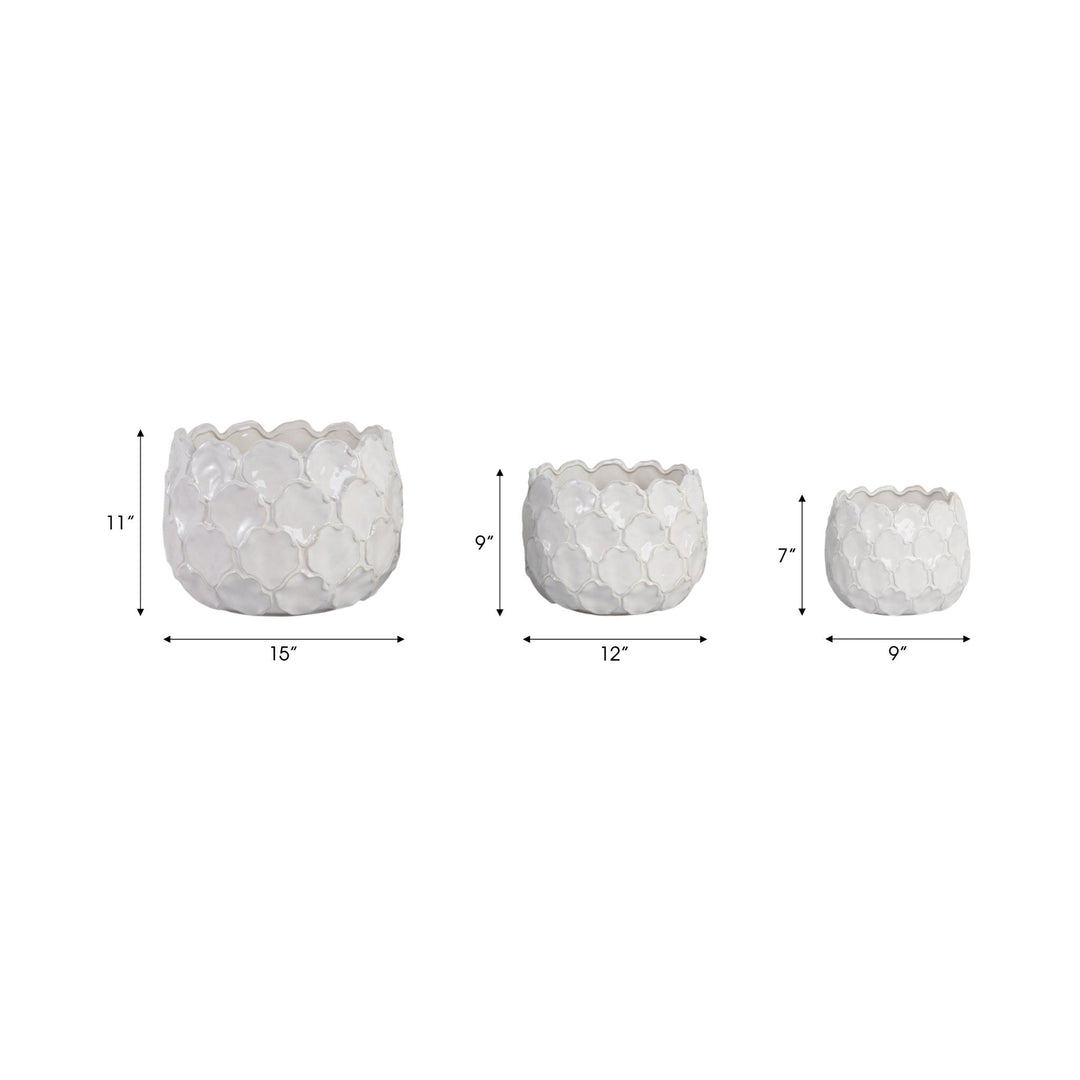 S/3 9/12/15" CLOUDY PETAL PLANTERS, WHITE