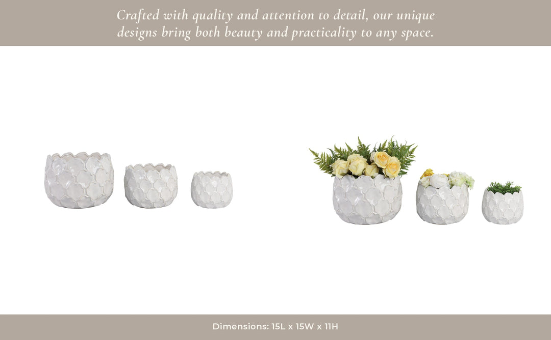 S/3 9/12/15" CLOUDY PETAL PLANTERS, WHITE