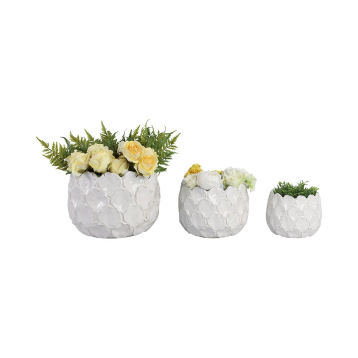 S/3 9/12/15" CLOUDY PETAL PLANTERS, WHITE