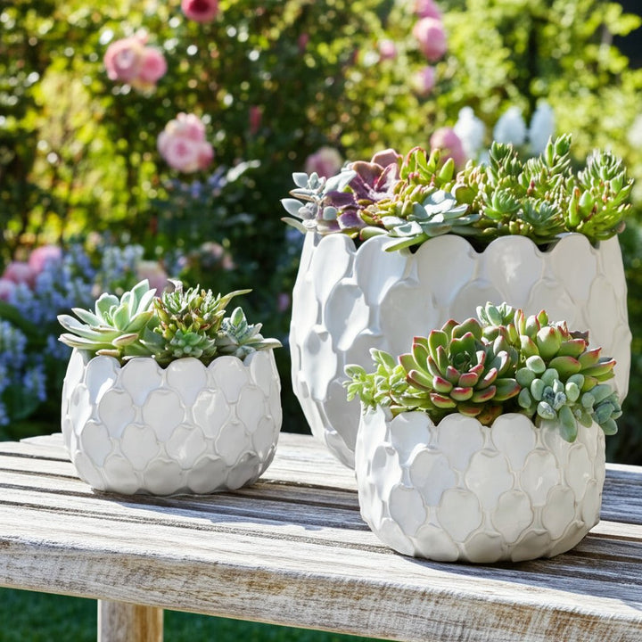 S/3 9/12/15" CLOUDY PETAL PLANTERS, WHITE