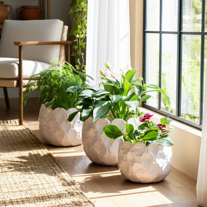 S/3 9/12/15" CLOUDY PETAL PLANTERS, WHITE