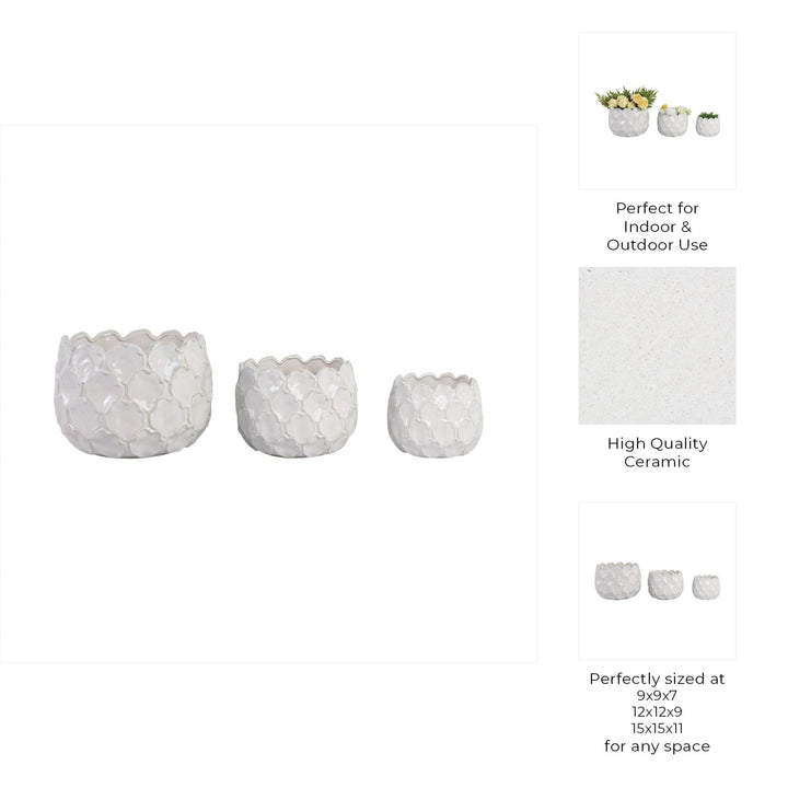 S/3 9/12/15" CLOUDY PETAL PLANTERS, WHITE