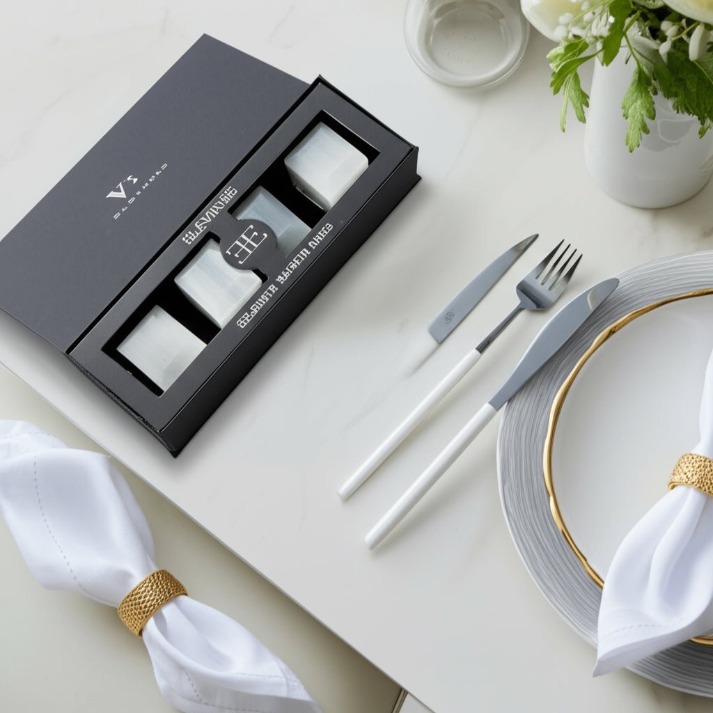 S/4 10" SENISE SELENITE/CRYSTAL NAPKIN RINGS, WHT