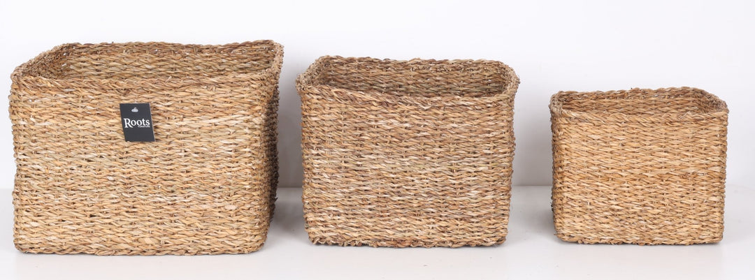 SEAGRASS SQUARE BASKET WITH SELF HANDLE - SET OF 3