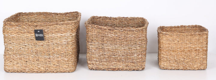 SEAGRASS SQUARE BASKET WITH SELF HANDLE - SET OF 3