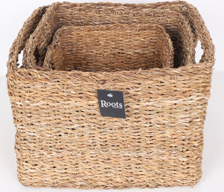 SEAGRASS SQUARE BASKET WITH SELF HANDLE - SET OF 3