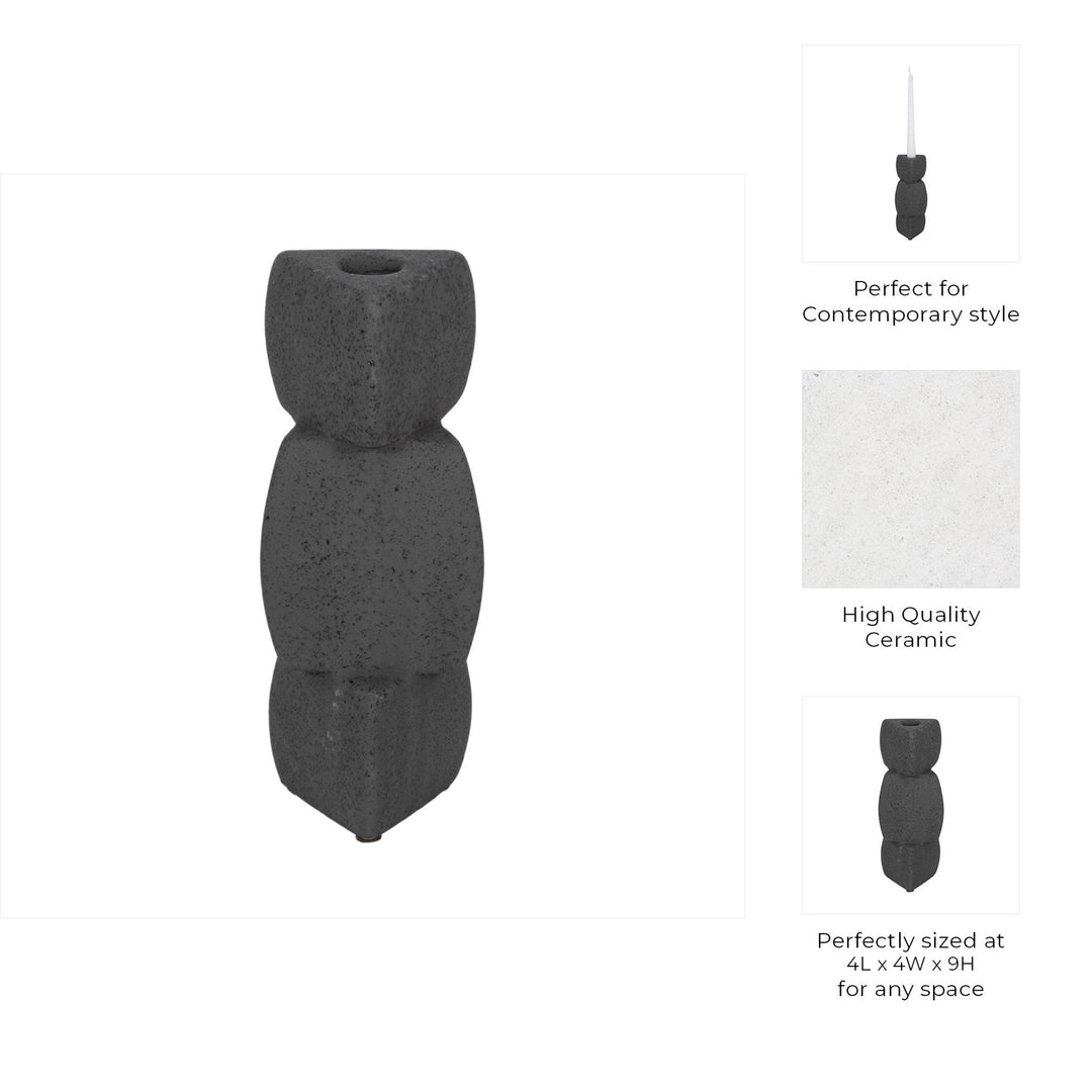 9" STACKED OBJECTS TAPER HOLDER SAND GLAZE, BLACK