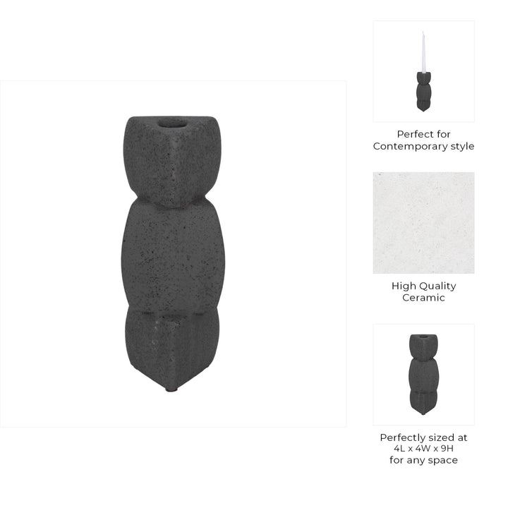 9" STACKED OBJECTS TAPER HOLDER SAND GLAZE, BLACK