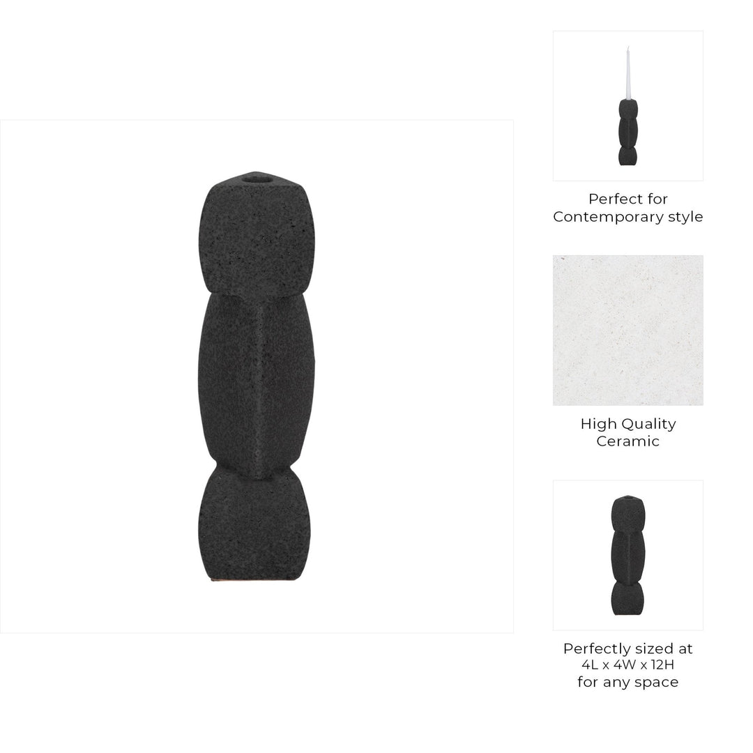 9" STACKED OBJECTS TAPER HOLDER SAND GLAZE, BLACK
