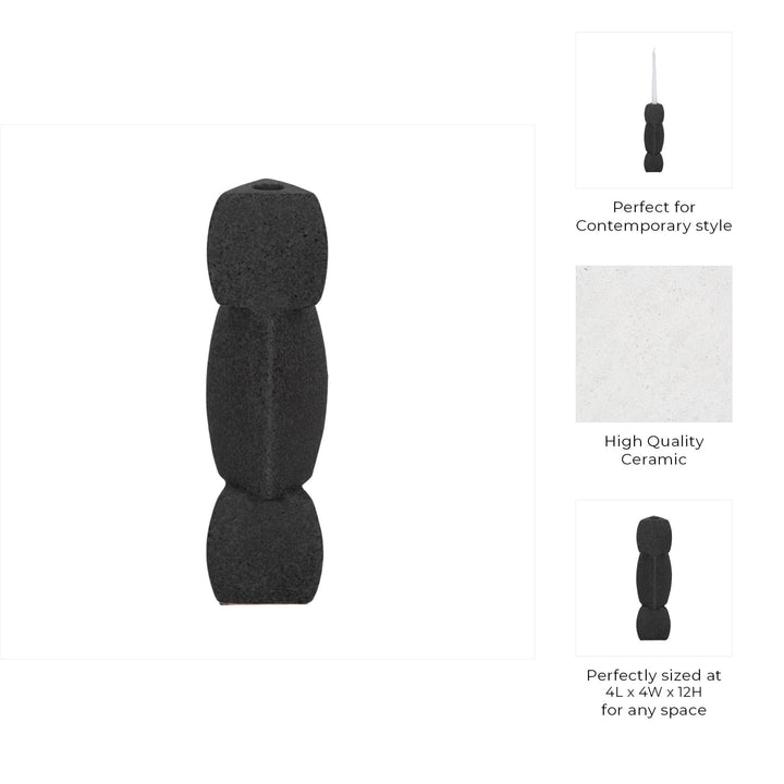 9" STACKED OBJECTS TAPER HOLDER SAND GLAZE, BLACK