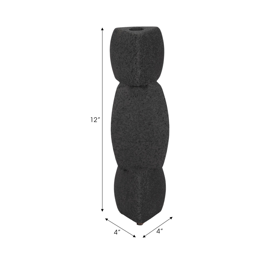 9" STACKED OBJECTS TAPER HOLDER SAND GLAZE, BLACK
